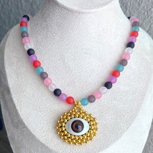 Colorful Beaded handmade evil eye Necklace with Gold Eye Pendant.
